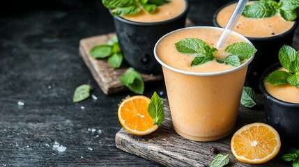 Refreshing orange smoothie drinks with mint and orange slices