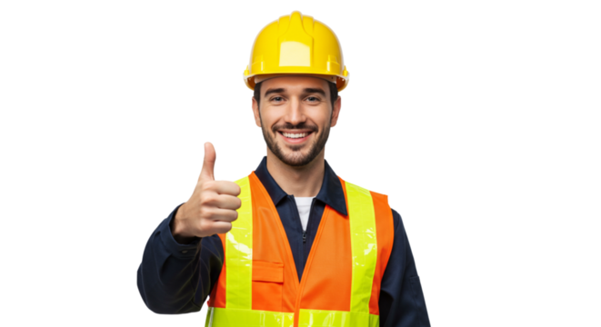 Potrait of construction worker wearing yellow construction helmet and orange reflective safety vest, smiling and giving a thumb-up, isolated on transparent background, cut out png 