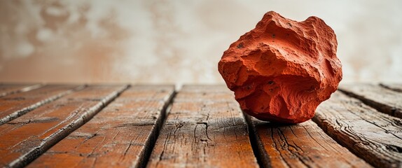 Reddish orange textured object on wooden surface