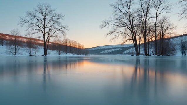 Serene winter landscape with sunrise reflecting on a calm lake surface