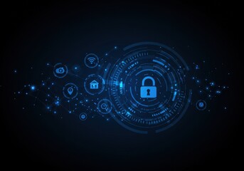 Digital security concept with a padlock surrounded by technology icons on a dark blue background