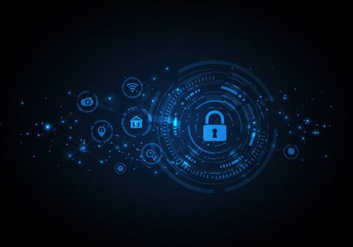 Digital security concept with a padlock surrounded by technology icons on a dark blue background