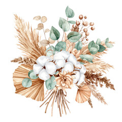  - Bohemian Floral Arrangement with Cotton and Dried Leaves: Transparent Background png