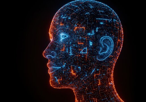 Digital head representing artificial intelligence with glowing circuit patterns on a black background - Powered by Adobe
