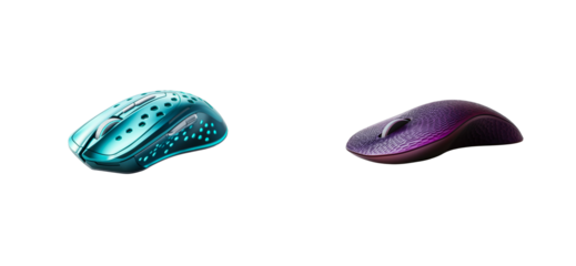 Two wireless computer mouses for gamers, turquoise, purple, cut out transparent