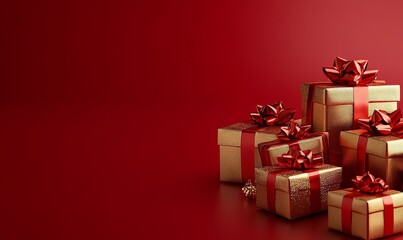 Obraz premium luxury sale banner featuring gold gift boxes on a textured red background, with elegant typography for branding, Generative AI