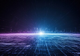 Abstract digital cityscape with glowing lines and a perspective grid receding into the horizon