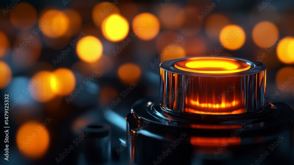 Poster Glowing orange button on metallic surface with bokeh background.