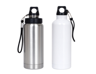 Two reusable water bottles with carrying straps and screw-on lids.