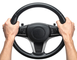 A pair of hands gripping a modern car steering wheel against a black background.
