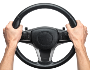 A pair of hands gripping a modern car steering wheel against a black background.