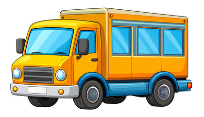 A yellow cartoon bus with blue accents and large windows is shown in a side view.