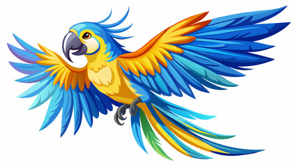 Obraz premium A majestic macaw parrot soars through the air, its vivid blue and yellow feathers shimmering with tropical brilliance. Each wingbeat is a burst of color, echoing the spirit of the rainforest.