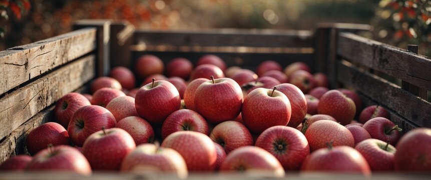 Freshly harvested red apples in a wooden crate