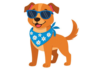 Fototapeta premium A cute cartoon dog wears blue sunglasses and a blue floral bandana, standing with a cheerful expression.
