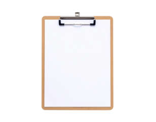A wooden clipboard holds a blank sheet of white paper secured by a metal clip.