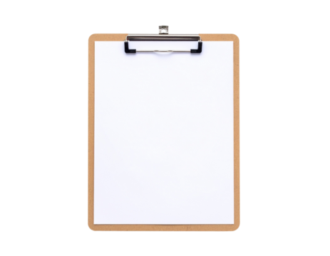 A wooden clipboard holds a blank sheet of white paper secured by a metal clip.