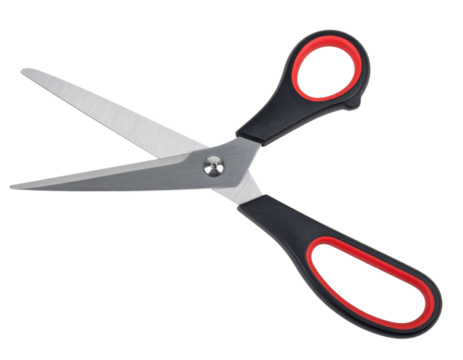 A pair of black and red handled scissors with stainless steel blades.