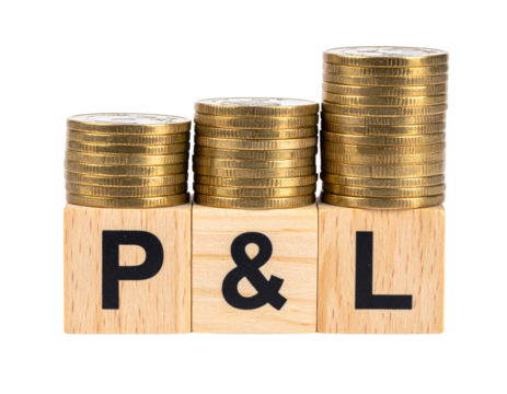 Wooden blocks labeled P & L topped with stacked gold coins symbolize profit and loss in finance.