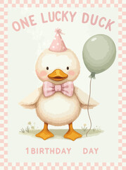 Watercolor cute duck happy birthday watercolor card.