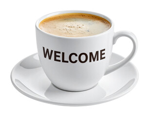 A white coffee cup with the word "WELCOME" printed on it, filled with frothy coffee and placed on a saucer.