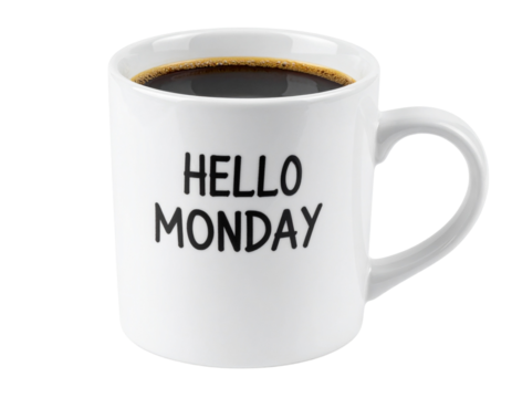 White coffee mug filled with black coffee, featuring the text "HELLO MONDAY" printed on it.