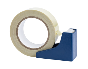 A roll of clear adhesive tape sits in a blue plastic dispenser with a metal cutting edge.