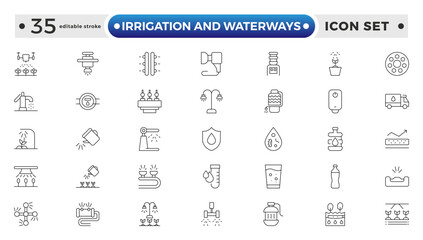 irrigation and waterways icon set. Includes drip, pipe, irrigation, and More. Editable stroke outline icon.