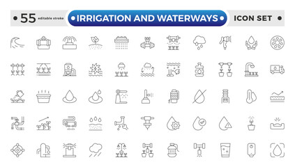 irrigation and waterways icon set. Includes drip, pipe, irrigation, and More. Editable stroke outline icon.