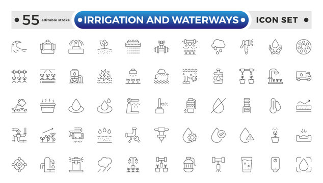 irrigation and waterways icon set. Includes drip, pipe, irrigation, and More. Editable stroke outline icon.