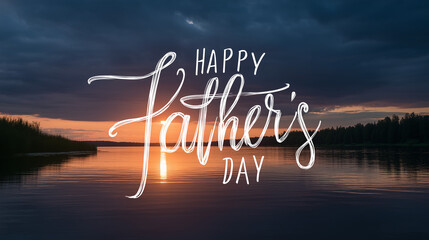 Happy Father's Day message elegantly scripted against a breathtaking sunset over a tranquil lake.