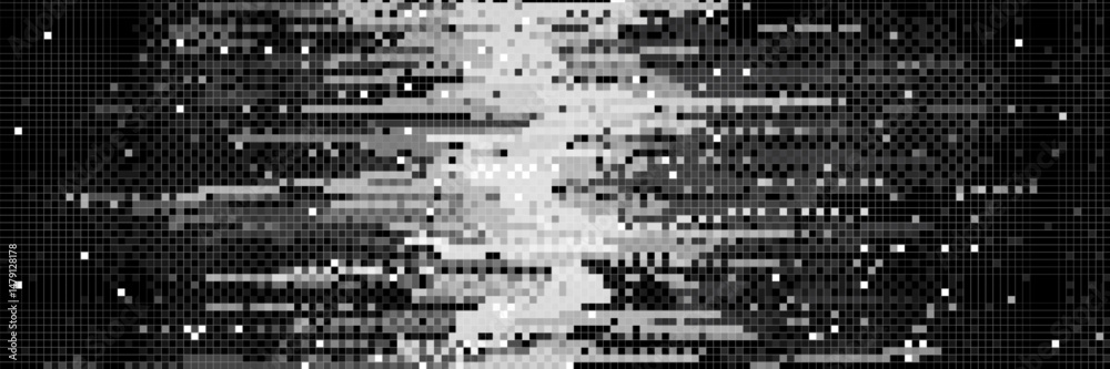 Poster pixel glitch background, monochrome digital noise texture. random black and white square particles o