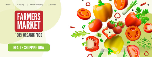Farm market shopping, order fresh vegetables and greenery delivery service on smartphone screen 3D vector landing page