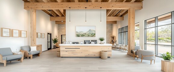 Spacious, modern interior featuring reception desk, seating, wooden beams, and natural light