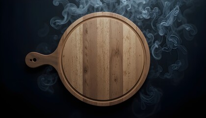 Empty Circular Wooden Cutting Board with Smoke Floating Up on Dark Background for Culinary and Moody Visual Themes