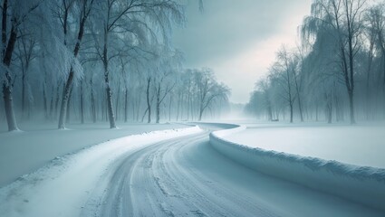 Obraz premium Winding Snow Path Through Snowy Winter Trees