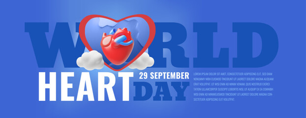 World heart day 29 September vector 3D banner design, volume heart internal organ and Earth planet, healthcare awareness