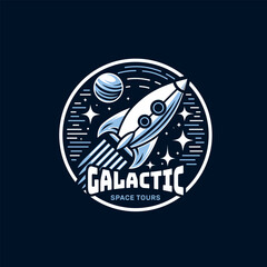 Retro space rocket logo with stars and planet for futuristic brand or space-themed project