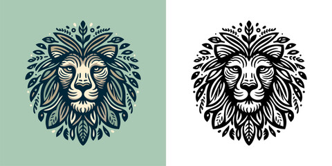 Decorative lion head logo with floral elements in vintage style for elegant branding and nature-inspired identity