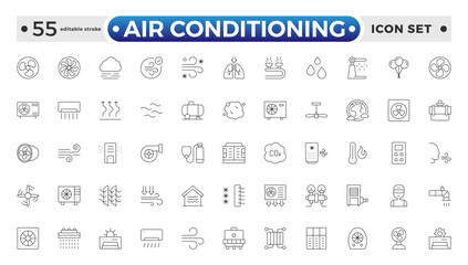 Air conditioning with fresh cold air outline icon set. Cool air and cooling symbol collection. Editable stroke outline icon.
