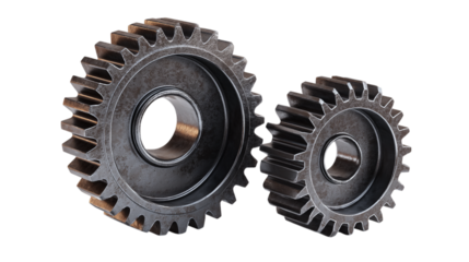 Two rusty metal gears interlocking industrial machine parts engineering design up 3d cog old on transparent background