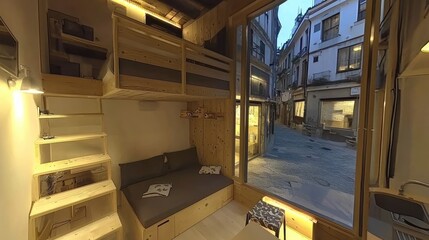 Obraz premium Small, light-filled apartment with wooden furnishings.