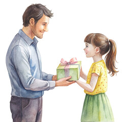 Cute girl gives gift to dad Father's Day Minimal White background