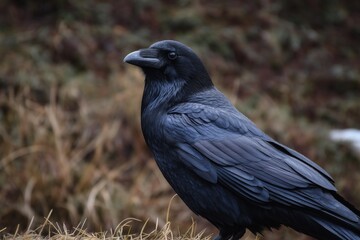 Fototapeta premium Crow with Shiny Black Feathers Standing in Nature