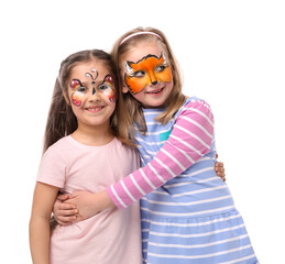 Cute girls with colorful face paintings on white background