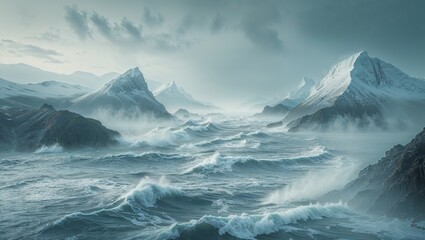 Fototapeta premium a tumbling scene across a silver sea, where waves crash into frozen mountain peaks