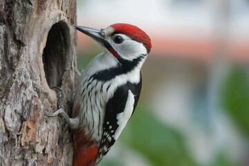 Woodpecker Pecking on a Tree with Red Crown and Stripes