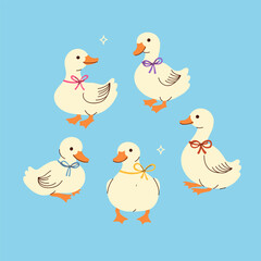 Set of cute white ducks with bows on their necks. Vector graphics.