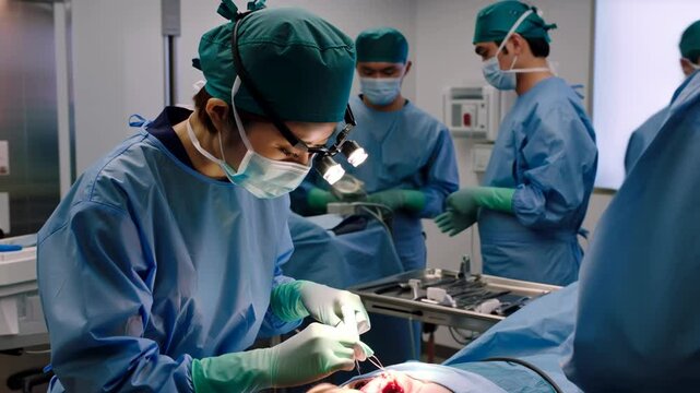 Asian female surgeon performing operation in OR - Doctor focused on surgery in sterile hospital setting. Concept of healthcare and medical expertise.