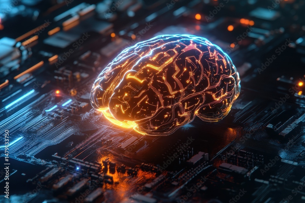 Poster futuristic glowing brain with circuits and neural networks illuminating a digital landscape, futuris